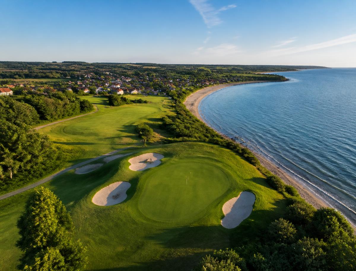 Golfbana vid havet på Österlen GK — gröna fairways, sandbunkrar och blått hav